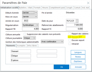 Procédure de préparation du CIBTP en DSN en 2022 Paramètres Paie - Dossier BTP