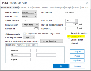 Paramètres Paie - Dossier BTP